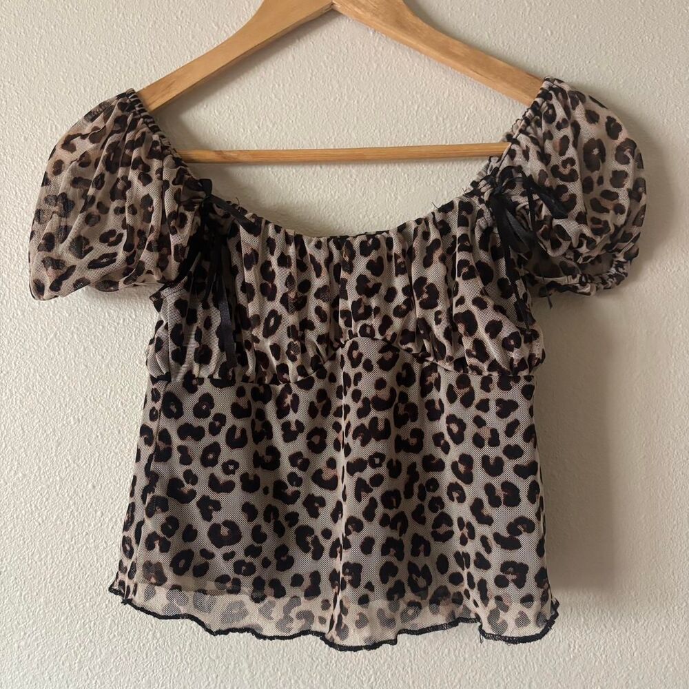 Vibe Sportwear Leopard Print Mesh Sheer Babydol Y2K Puff Sleeve Blouse Medium